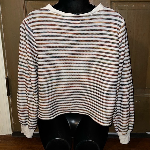 Madewell White Rainbow Stripe Casual Pocket Long Sleeve Pullover Top Size M - Picture 4 of 10